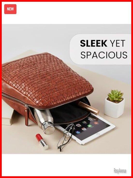 Genuine Leather Backpack Women Men Vintage Woven Travel Daypack with YKK Zipper main image 4